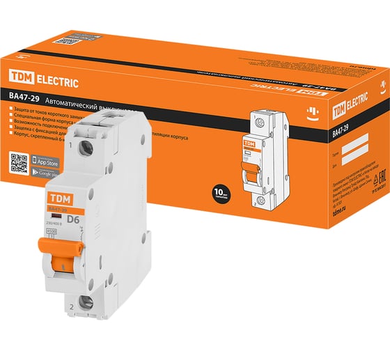 Изображение товара Автоматический выключатель TDM ELECTRIC ВА47-29 1Р 6А 4.5кА D SQ0206-0137