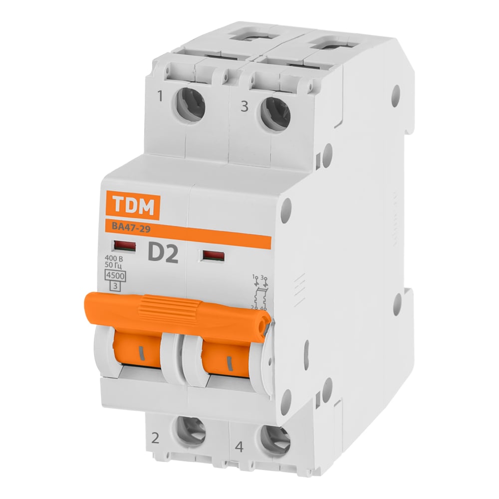 Изображение товара Автоматический выключатель TDM ELECTRIC ВА47-29 2Р 2А 4.5кА D модульный