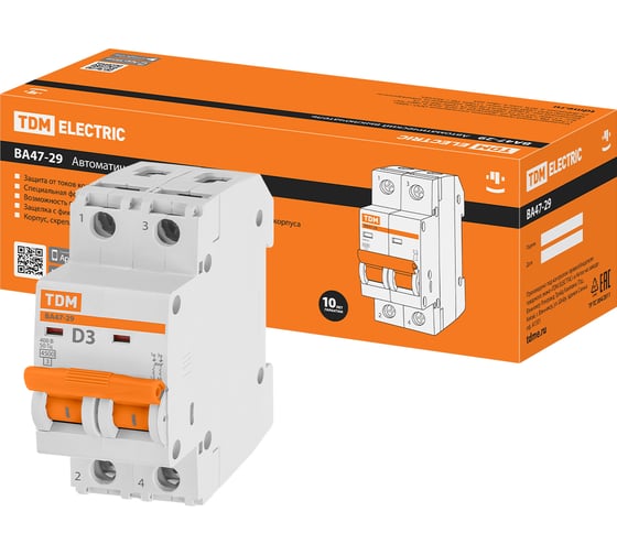 Изображение товара Автоматический выключатель TDM ELECTRIC ВА47-29 2Р 3А 4.5кА D SQ0206-0150