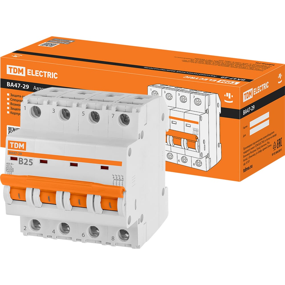 Изображение товара Автоматический выключатель TDM ELECTRIC ВА47-29 4Р 25А 4.5кА