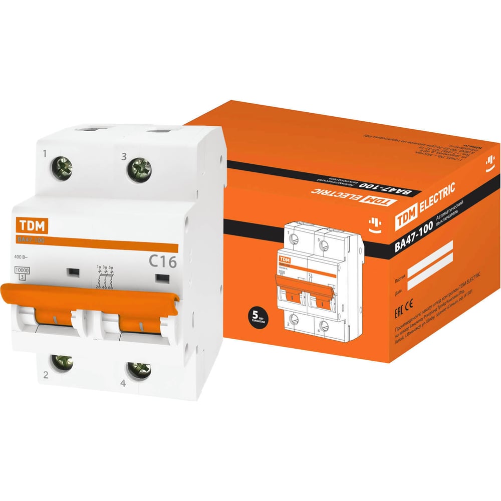 Изображение товара Автоматический выключатель ВА47-100 2Р 16А 10кА TDM ELECTRIC