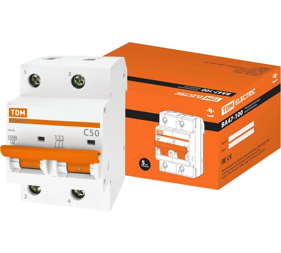 Изображение товара Автоматический выключатель TDM ELECTRIC ВА47-100 2Р 50А 10кА С SQ0207-0063