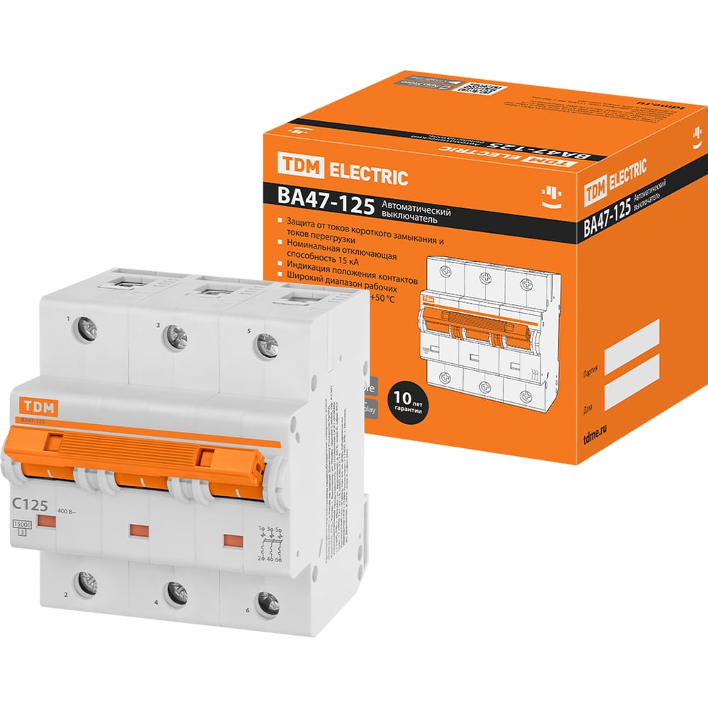 Изображение товара Автоматический выключатель TDM ELECTRIC ВА47-125 3Р 125А 15кА IP20