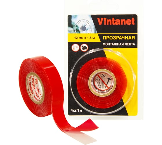 Изображение товара Монтажная двусторонняя клейкая лента VINTANET 135, прозрачная, 12 мм х 1,5 м VN1351215