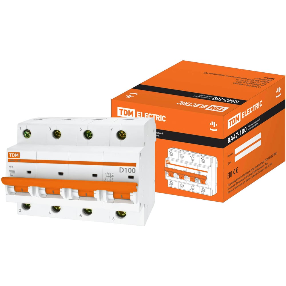 Автоматический выключатель TDM ELECTRIC ВА47-100 4Р 100А 10кА D SQ0207-0044