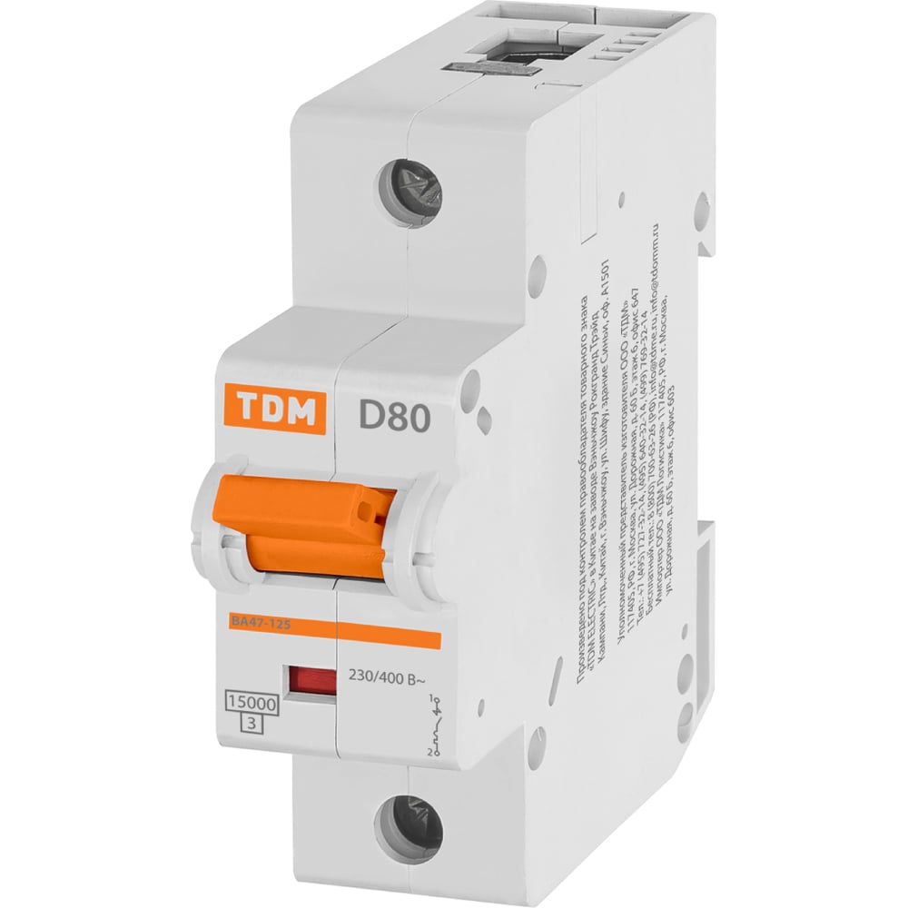 Изображение товара Автоматический выключатель TDM ELECTRIC ВА47-125 1Р 80А 15кА х-ка D SQ0208-0010