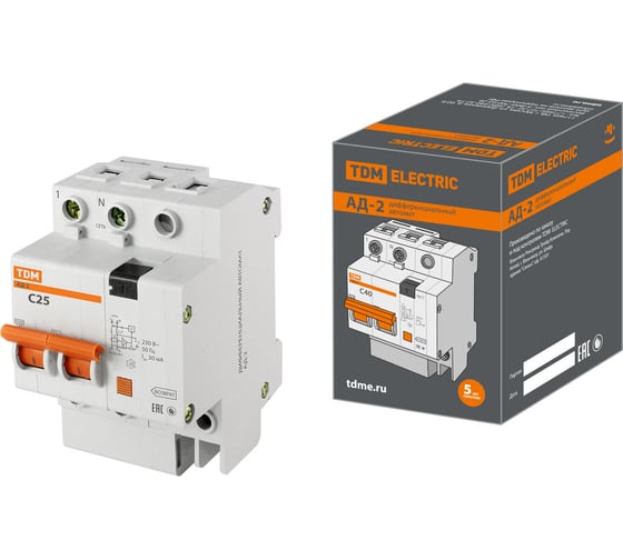 Изображение товара Дифференциальный автомат TDM ELECTRIC АД-2 2п, 25 А, 30 мА SQ0221-0002