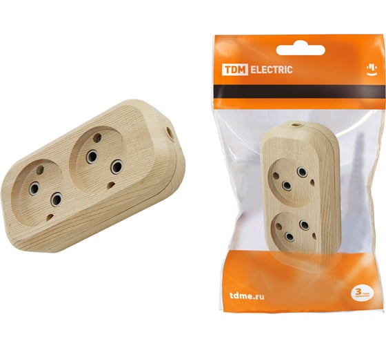 Изображение товара Розеточная колодка, 2 гнезда, сосна TDM ELECTRIC SQ1806-0045