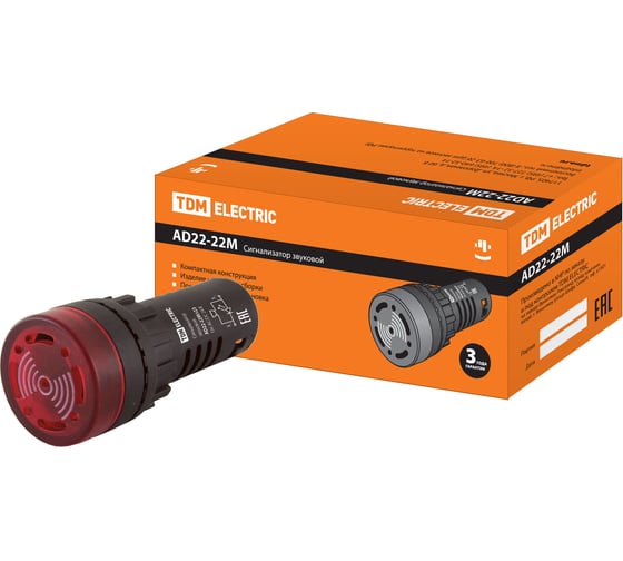 Изображение товара Звуковой сигнализатор TDM ELECTRIC ad22-22m/r23 d22 мм (led) индикация 24 в ac/dc красный SQ0746-0003