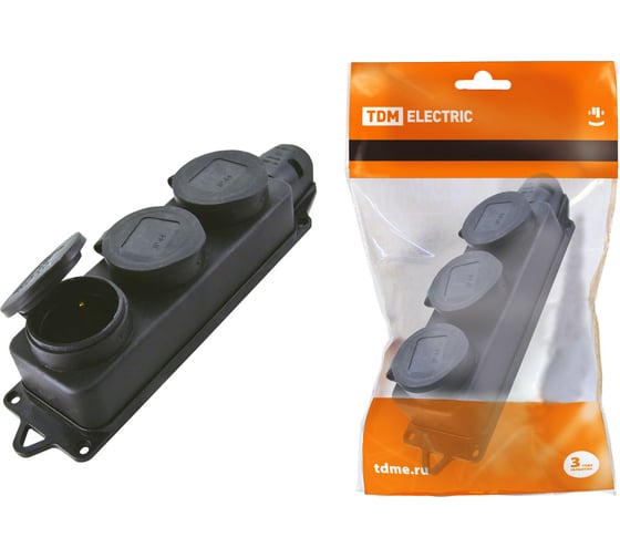 Изображение товара Розетка TDM ELECTRIC трехместная с заглушками каучук 2Р+РЕ 16А 250В IP44 SQ0612-0008