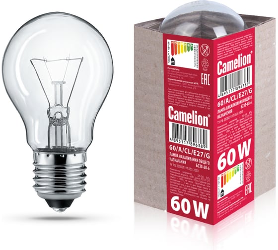 Изображение товара Лампа накаливания Camelion 60/A/CL/E27/G (с прозрачной колбой, ЛОН, ГОФРА, Б230-60-6) 15042