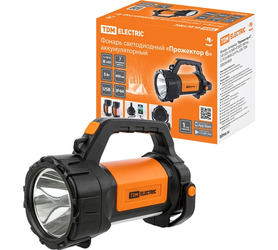 Изображение товара Светодиодный фонарь TDM "прожектор 6", 5 вт led+10 smd+9 smd, 400Лм, 3,7В 2x18650 2,4 ач, usb SQ0350-0059