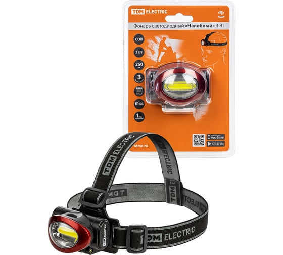 Изображение товара Светодиодный "налобный" фонарь TDM 3Вт cob, 260Лм, бат. 3хААА SQ0350-0071