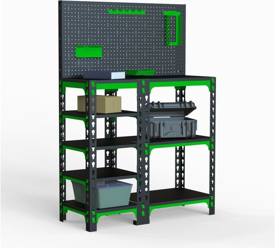 Изображение товара Стол-верстак ООО Металекс 950x1100x600 мм, с боковыми полками, перфопанелью и комплектом аксессуаров SVBPPRIA951160