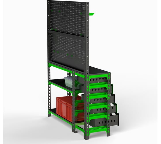 Изображение товара Стол-верстак ООО Металекс 950x1000x500 мм, с боковыми полками, 2 перфопанелями и комплектом аксессуаров SVBPPRIIA951050