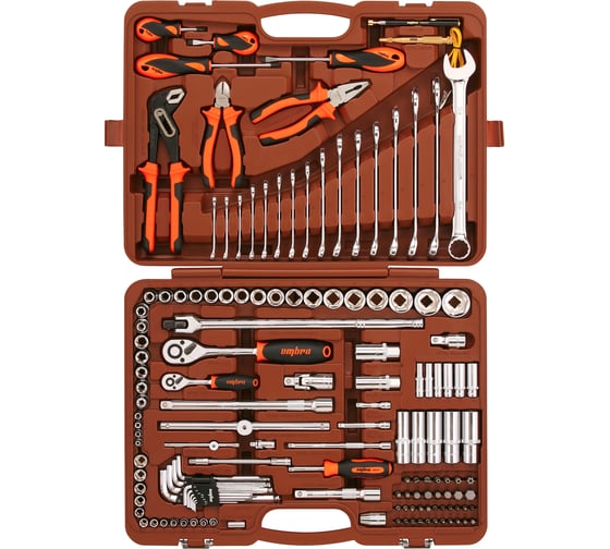 Изображение товара Универсальный набор инструмента торцевые головки Ombra OMT143SL 1/4DR и 1/2DR, аксессуары к ним, ШГИ, отвертки и комбинированные ключи, 143 предмета. 55565 055565