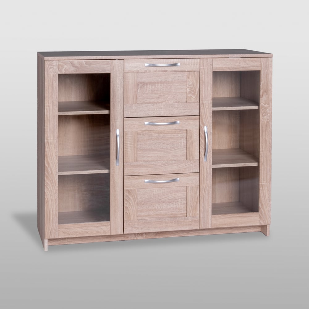 Изображение товара Тумба-комод Гуд ЛАКК СИРИУС 3 ящика и стеклянные дверцы, дуб сонома, классика