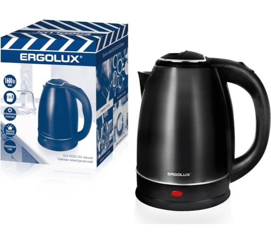 Изображение товара Чайник Ergolux ELX-KS05-C02 ПРОМО черный, нержавеющая сталь, 1.8 л, 220-240 В, 1600 Вт 14925