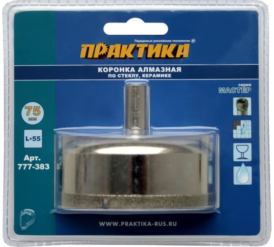 Изображение товара Коронка алмазная по стеклу и керамике (75 мм) ПРАКТИКА 777-383