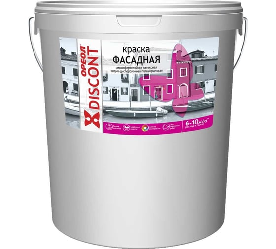 Изображение товара Фасадная краска ОРЕОЛ Дисконт ВД, атмосферостойкая, белая, 40 кг 64489