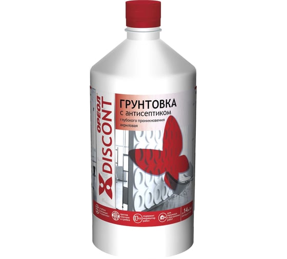 Изображение товара Грунтовка глубокого проникновения с антисептиком ОРЕОЛ Дисконт ВД, розовая, 1 кг 50649