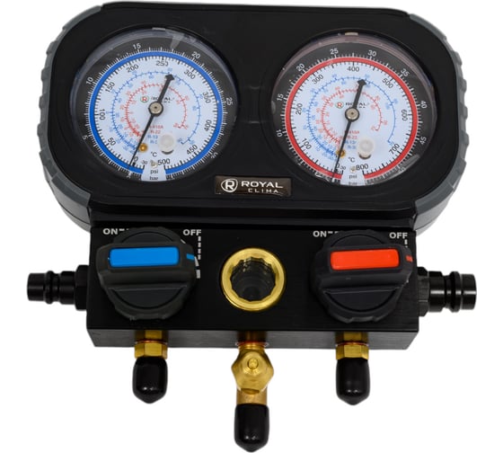 Изображение товара Манометрический коллектор Royal Clima Royal Clima 2-вентиля, 3 штуцера, R22/R32/R134/R410, М1/4", без шлангов RT-MG20BL-R410