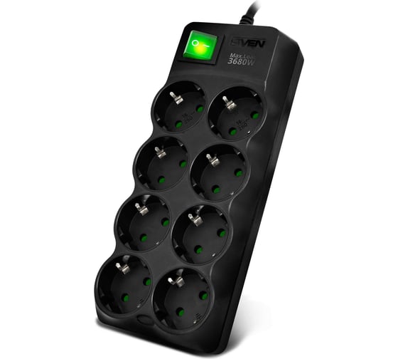 Изображение товара Фильтр SVEN SF-08E-16 3,0 м (8 розеток с защитными шторками,16А) черный, цветная коробка SV-021610