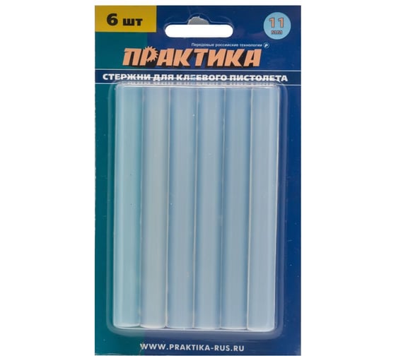 Изображение товара Клей белый, прозрачный (6 шт; 11х100 мм) для клеевого пистолета ПРАКТИКА 641-589