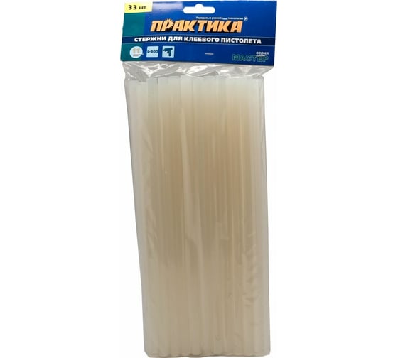 Изображение товара Клей белый, прозрачный (33 шт; 11х300 мм) для клеевого пистолета ПРАКТИКА 641-619