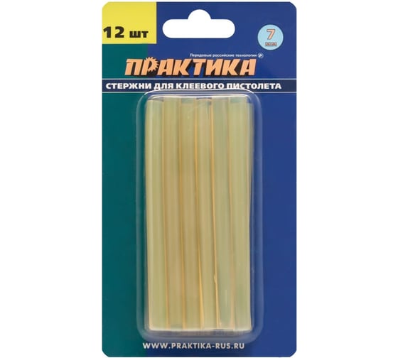 Изображение товара Клей желтый, прозрачный (12 шт; 7х100 мм) для клеевого пистолета ПРАКТИКА 641-626