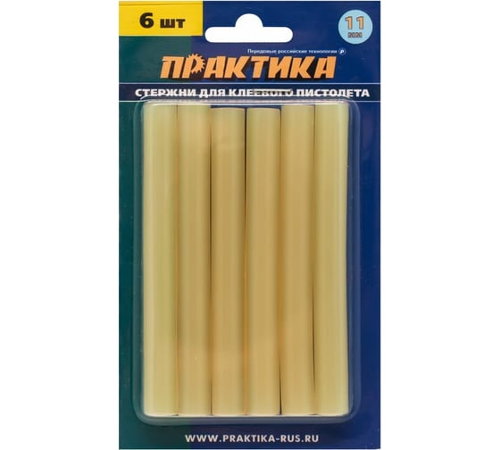Изображение товара Клей желтый, прозрачный (6 шт; 11х100 мм) для клеевого пистолета ПРАКТИКА 641-633
