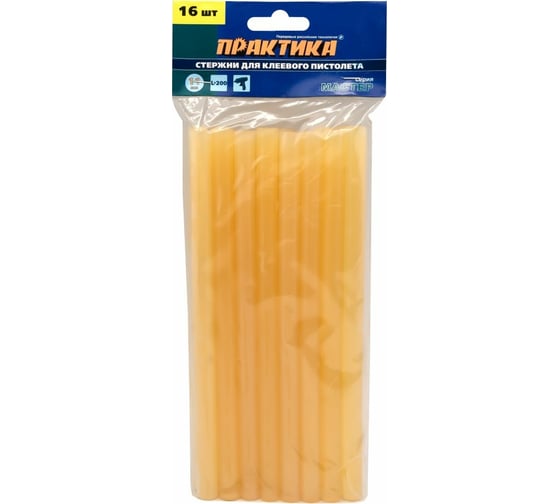 Изображение товара Клей желтый, прозрачный (16 шт; 11х200 мм) для клеевого пистолета ПРАКТИКА 641-657