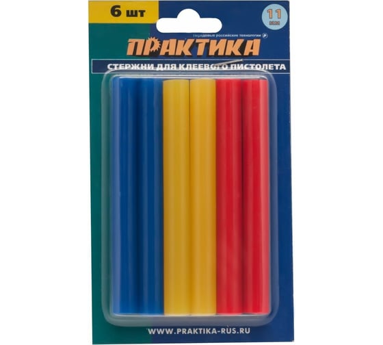 Изображение товара Клей для клеевого пистолета цветной (6 шт; 11х100 мм; 3 цвета) ПРАКТИКА 641-688