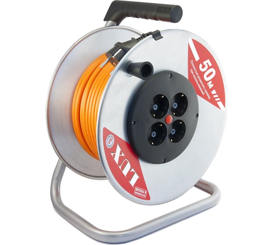Изображение товара Силовой удлинитель на металлической катушке LUX 40150 К4-Е-50 50м 4 розетки с з/к 4606400419433