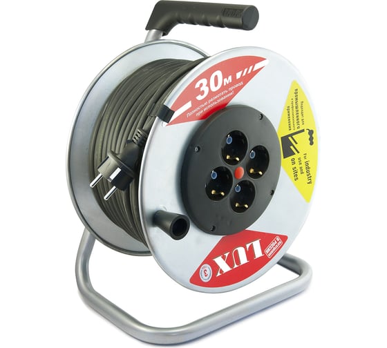 Изображение товара Силовой удлинитель на металлической катушке LUX К4-Е-30 30м 4 розетки с з/к 45130 4606400419464