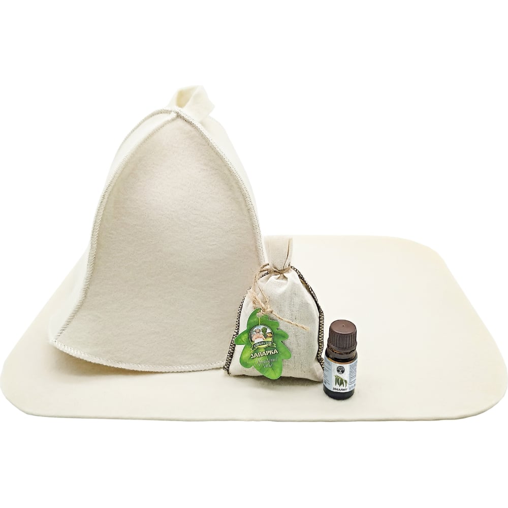 Изображение товара Набор для бани 4-х предметный Бацькина баня шапка коврик запарка эфирное масло