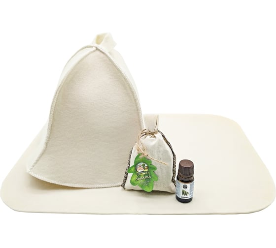 Изображение товара Набор для бани 4-х предметный Бацькина баня шапка, коврик, запарка, эфирное масло 18027-ВИ