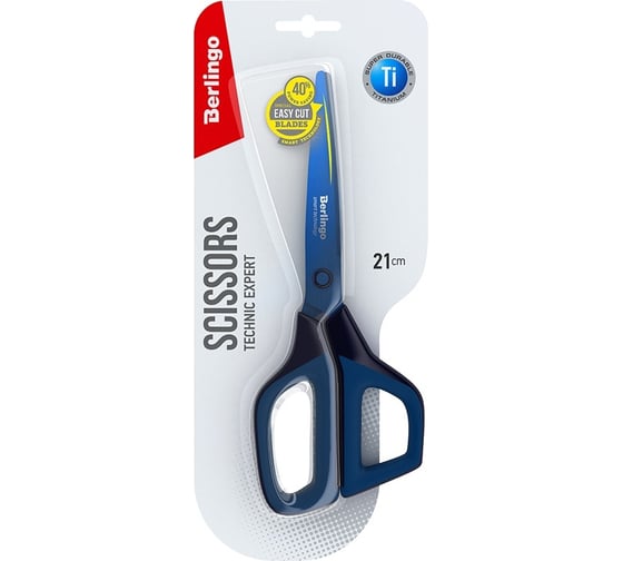 Изображение товара Ножницы Berlingo technic expert 21 см, синие, лезвия с титановым покрытием, эргономичные ручки, мягкие вставки, европодвес DNn_21005