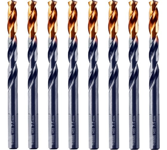 Изображение товара Сверло по металлу Golden Tip 7.5 мм, HSS-Tin, 8 шт, DIN 338 Denzel 717218