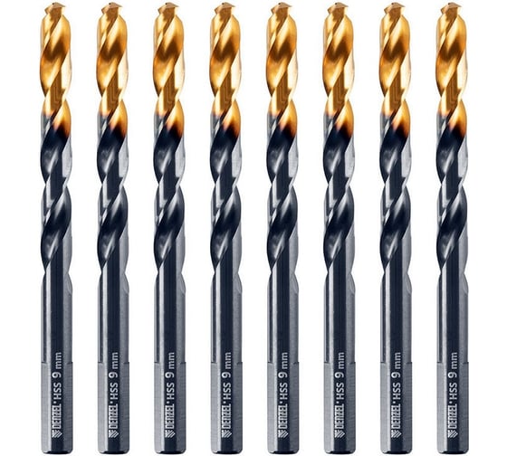Изображение товара Сверло по металлу Golden Tip 9 мм, HSS-Tin, 8 шт, DIN 338 Denzel 717221