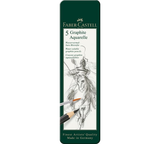Изображение товара Набор чернографитных карандашей Faber-Castell акварельные graphite aquarelle, 5 шт, hb-8b, заточенные, металлический короб 117805