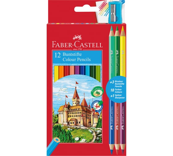 Изображение товара Цветные карандаши Faber-Castell замок, 12 цветов, шестигранные, заточенные, 6 цветов, точилка, картонная коробка, европодвес 110312