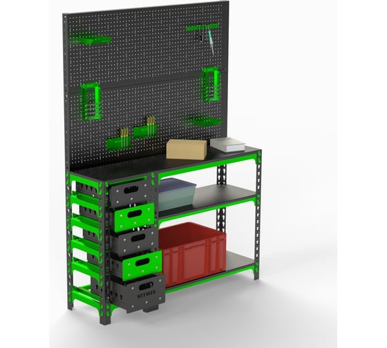 Изображение товара Стол-верстак Metalex c одной тумбой 950x1400x400 + двойная перфопанель с комплектом аксессуаров SVTIPRIIA951440