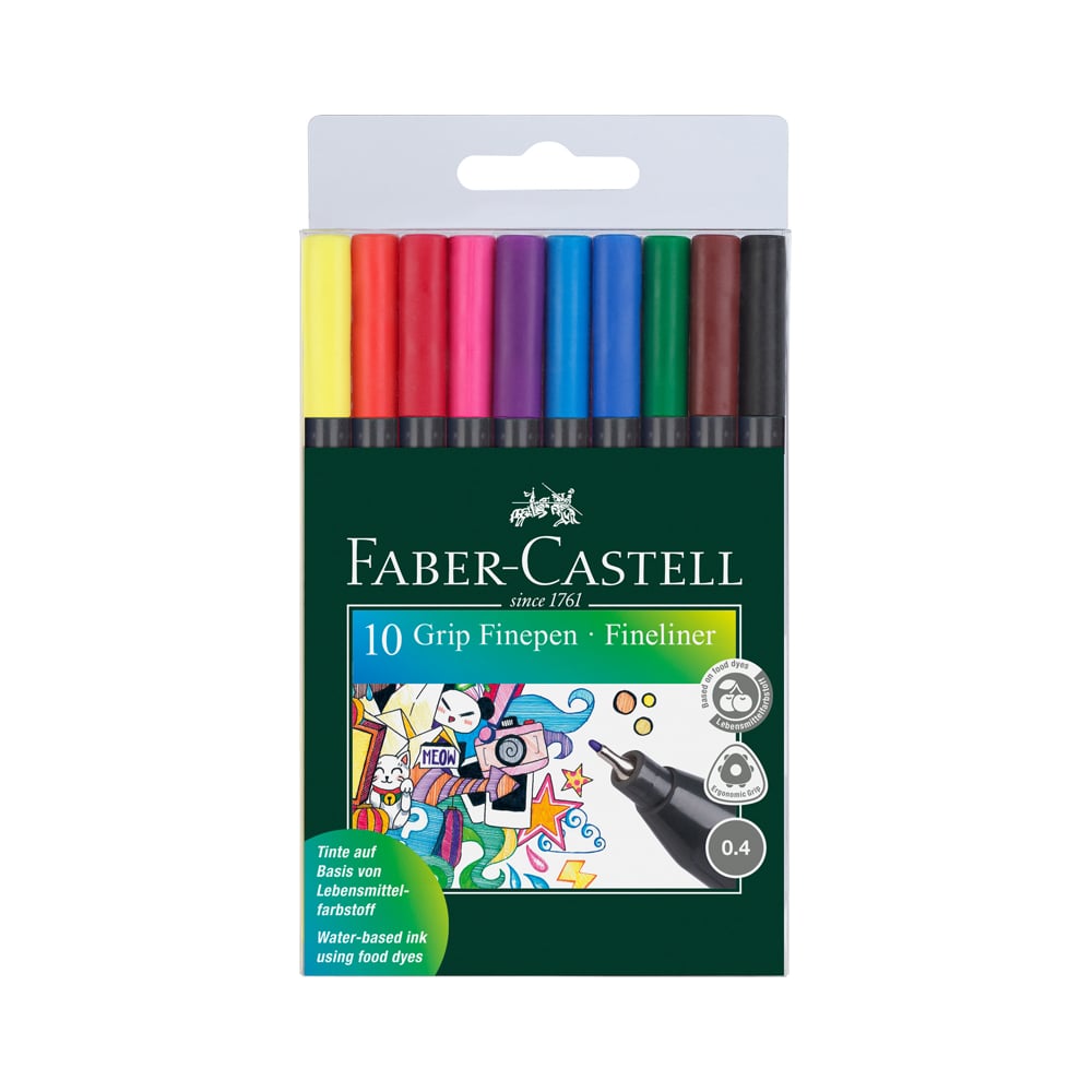 Изображение товара Набор капиллярных ручек Faber-Castell grip finepen 10 цветов, 0,4мм, трехгранные, пластиковый чехол, европодвес 151610