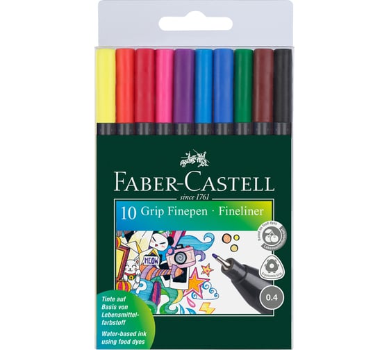 Изображение товара Набор капиллярных ручек Faber-Castell grip finepen 10 цветов, 0,4мм, трехгранные, пластиковый чехол, европодвес 151610