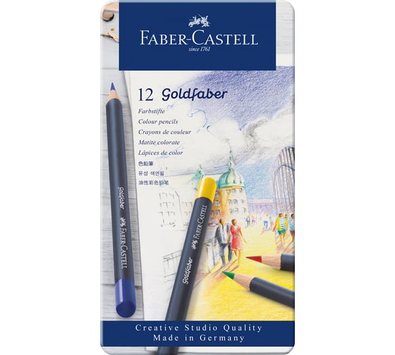 Изображение товара Цветные карандаши Faber-Castell goldfaber, 12 цветов, круглые, заточенные, металлическая коробка 114712