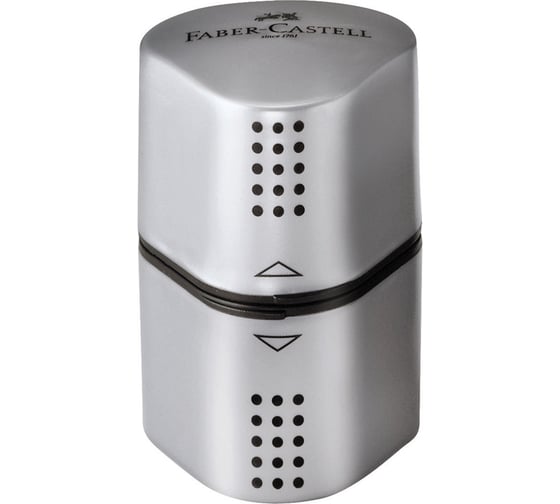 Изображение товара Пластиковая точилка Faber-Castell trio grip 2001 3 отверстия, 2 контейнера, серебряная 183800