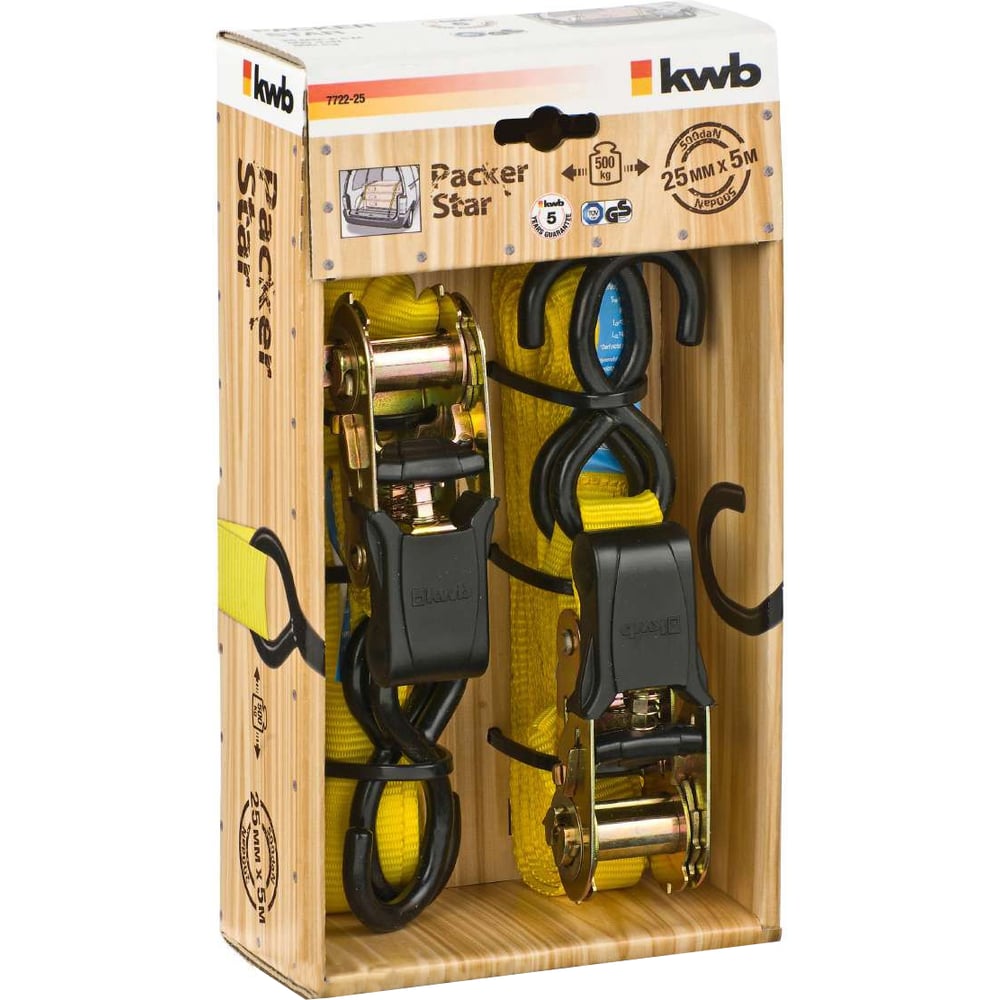 Изображение товара Стяжной ремень с двумя крючками 5м 2 шт KWB 7722-25 надежное крепление