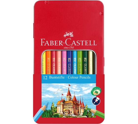 Изображение товара Цветные карандаши Faber-Castell замок, 12 цветов, шестигранные, заточенные, металлическая коробка 115801
