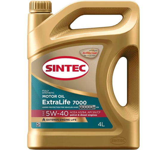 Изображение товара Моторное масло Sintec extralife 7000 sae 5w-40, api sn/cf, acea a3/b4, синтетическое, 4 л 600254